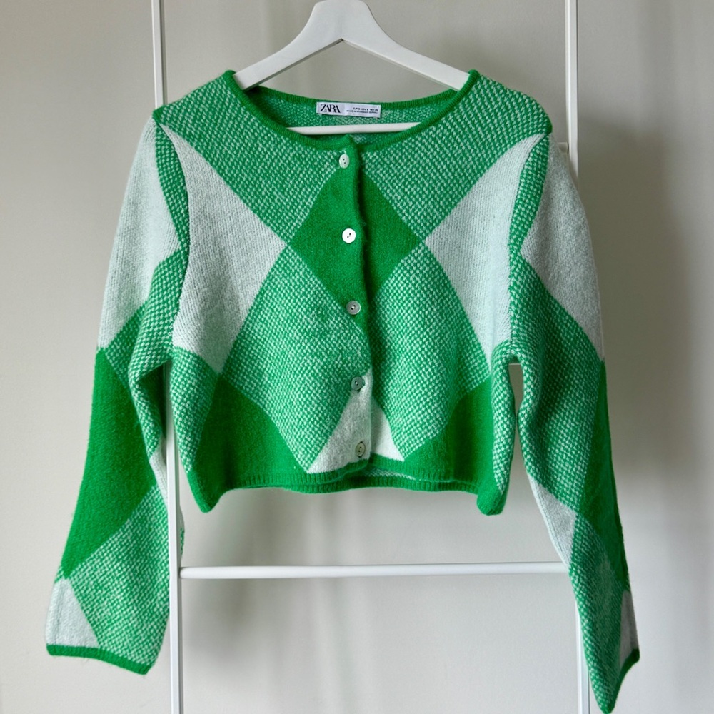 Zara Green Argyle Cardigan / S